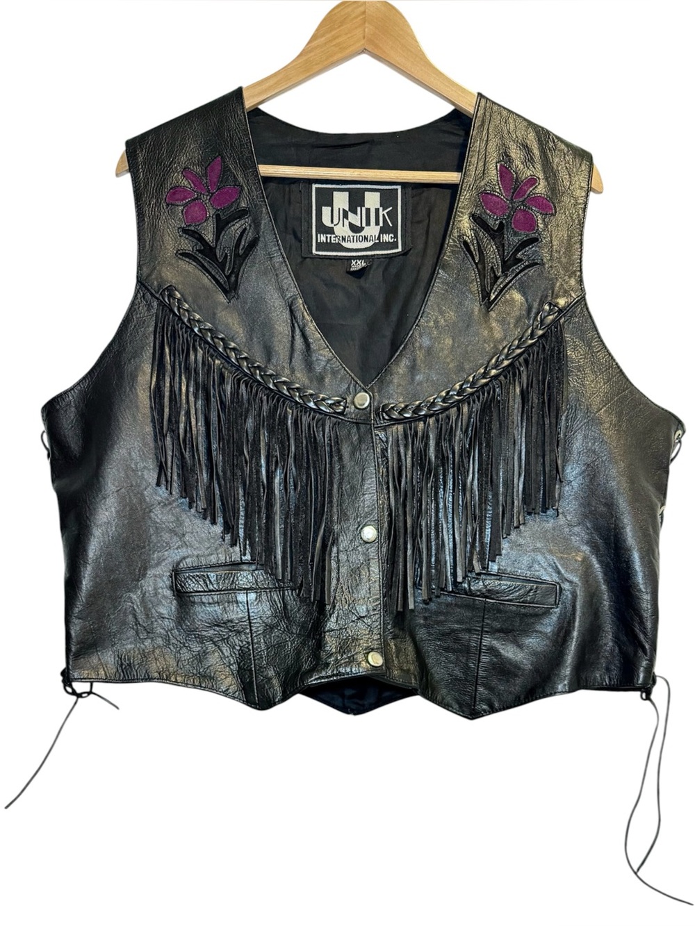 VTG UNIK Leather Fringed Western Vest Women’s XXL Purple Floral Suede Cut Outs